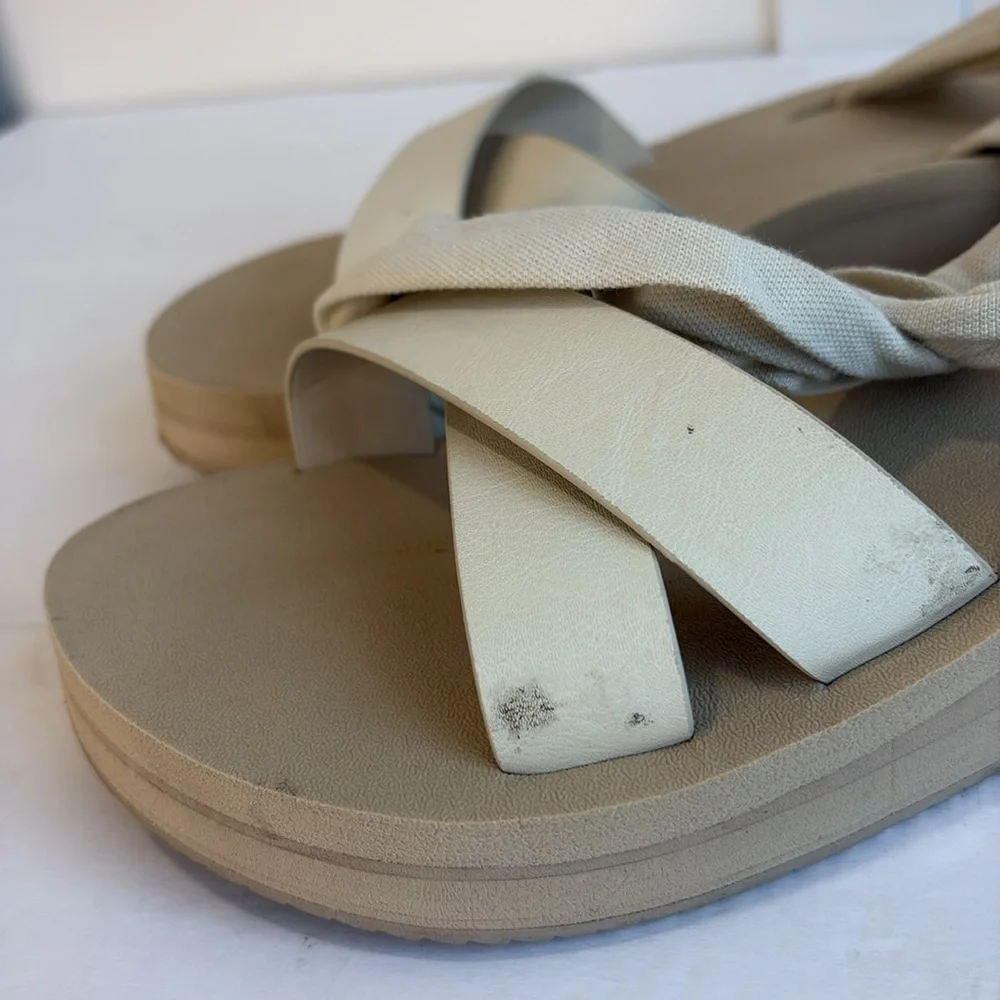 Sanuk Highland Sling Beige Leather and Fabric Platform Ankle Sandal